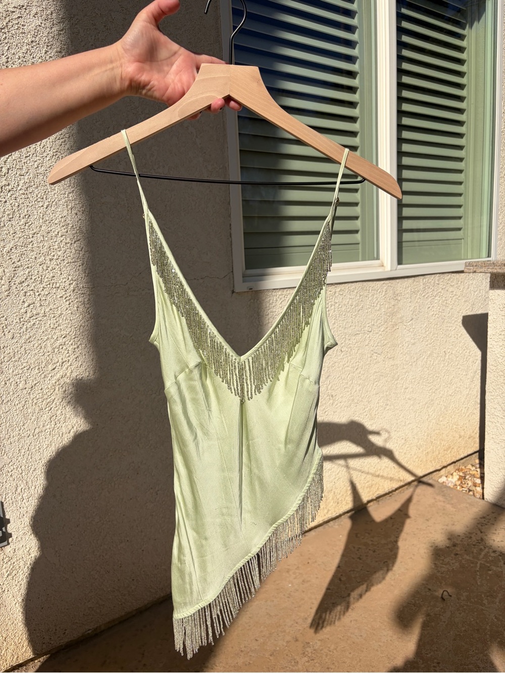 ASTA RESORT Fringe-Trim Light Green Satin Cami Top